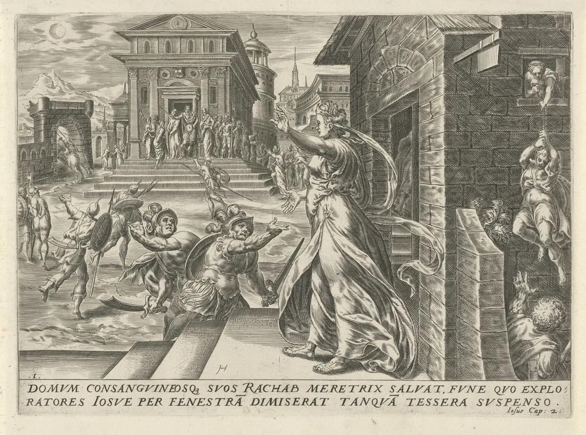 Rachab laat de spionnen door het raam ontsnappen by Unknown, print, 1567-1570