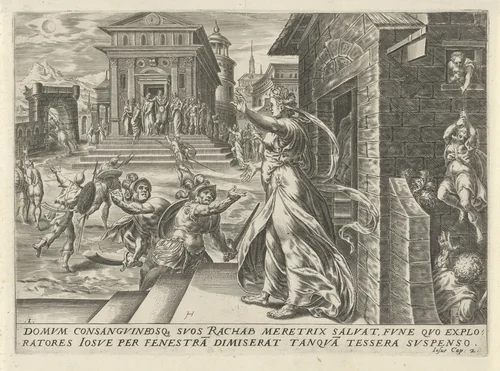 Rachab laat de spionnen door het raam ontsnappen by Unknown, print, 1567-1570