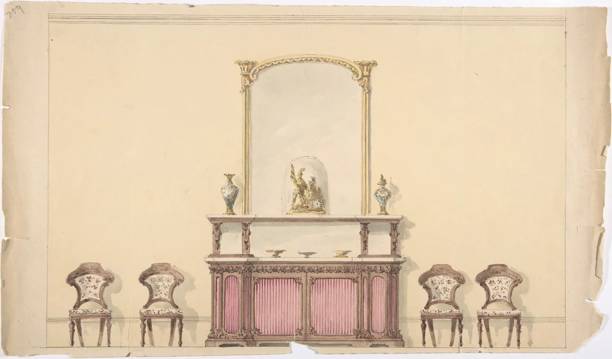 Design for a Mirrored Cabinet and Four Chairs by anonymous, drawing, 1800-1850