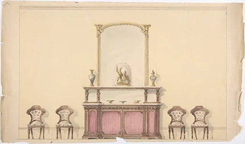 Design for a Mirrored Cabinet and Four Chairs by anonymous, drawing, 1800-1850