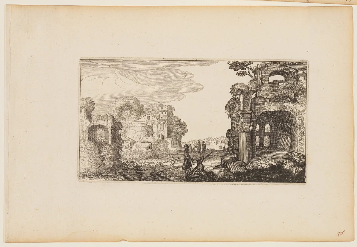 Path between Roman Ruins, from Twelve landscapes with Figures by Gillis van Scheyndel, print, 1624