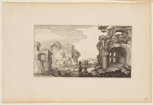 Path between Roman Ruins, from Twelve landscapes with Figures by Gillis van Scheyndel, print, 1624