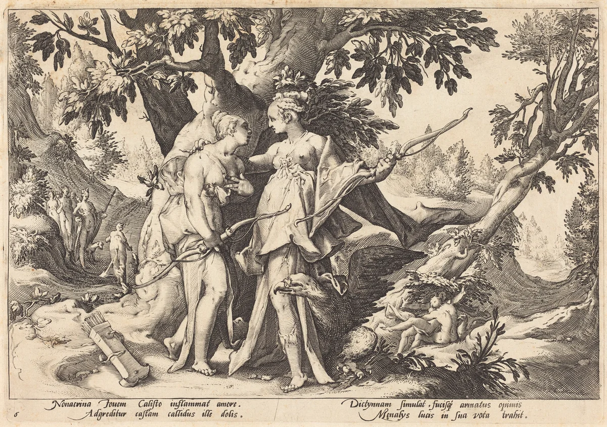 Jupiter in the Disguise of Diana Seduces Callisto by Robert de Baudous; Hendrick Goltzius, portfolio, 1590-1690