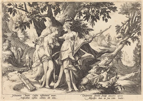 Jupiter in the Disguise of Diana Seduces Callisto by Robert de Baudous; Hendrick Goltzius, portfolio, 1590-1690