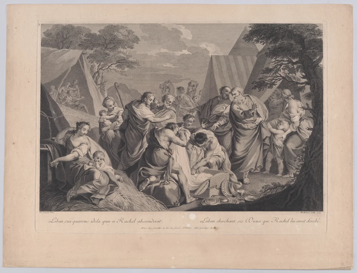 Laban Searching for his Gods, after Etienne Jeaurat by Michel Aubert, print, 1739