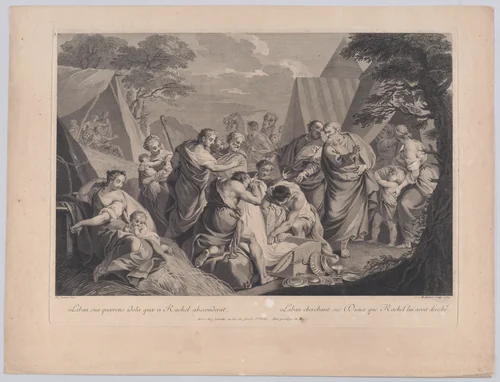 Laban Searching for his Gods, after Etienne Jeaurat by Michel Aubert, print, 1739