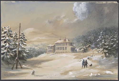 Trinity Bay, Newfoundland: Exterior View of the Telegraph House in 1857–58 by Robert Charles Dudley, drawing, 1865-1866
