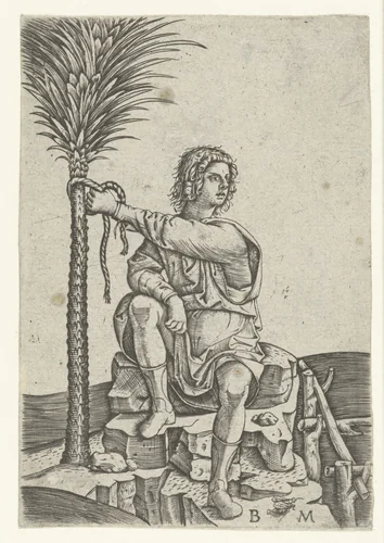Man zit bij palmboom by Unknown, print, 1513-1515