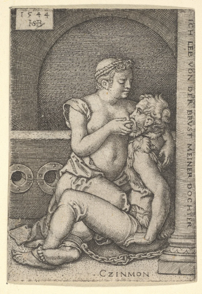 Cimon seated against a column at right, suckling from Pero who is kneeling next to him by Sebald Beham, print, 1544