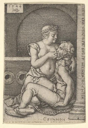 Cimon seated against a column at right, suckling from Pero who is kneeling next to him by Sebald Beham, print, 1544