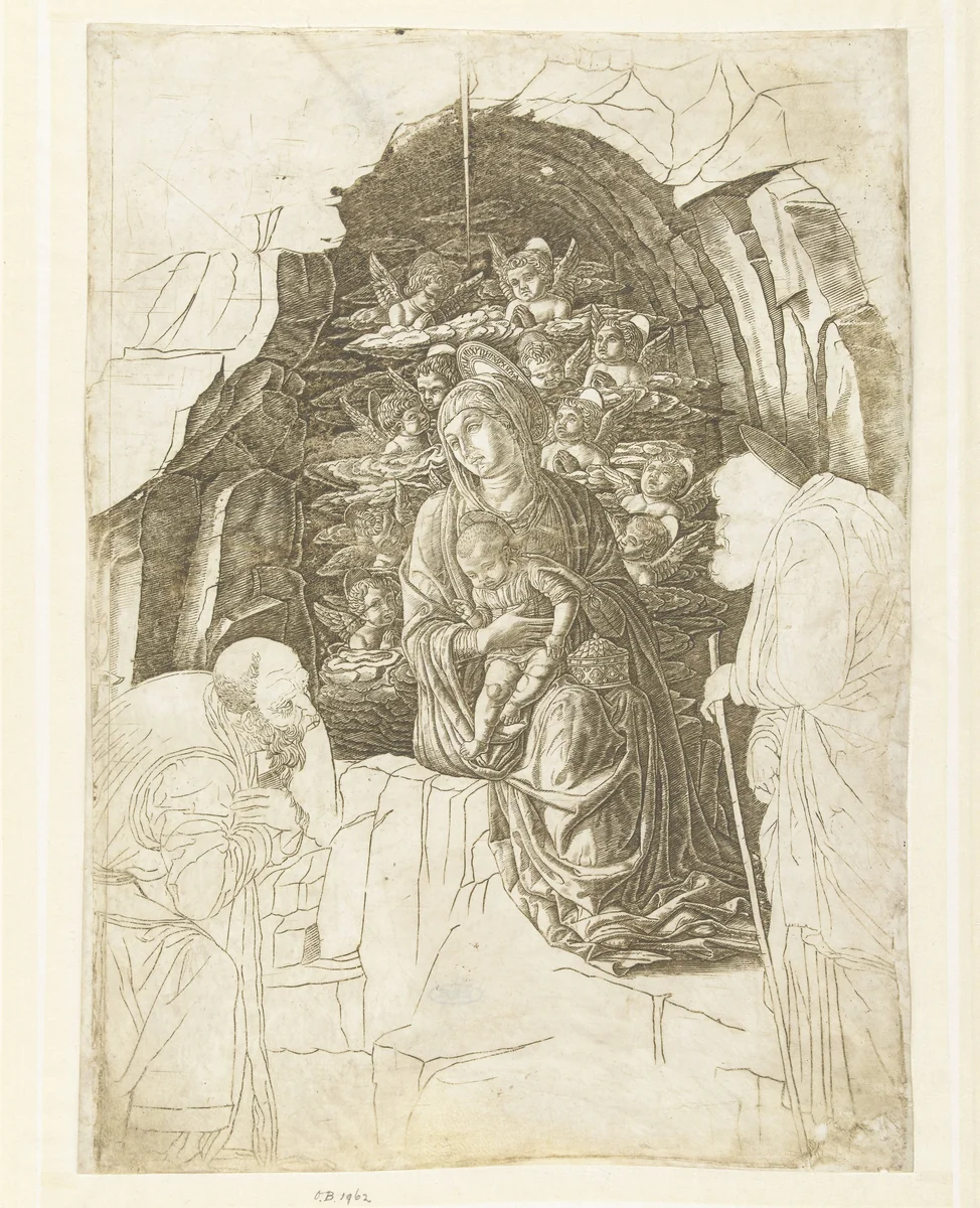 Maria met kind omgeven door engelen in grot met Jozef en koning in aanbidding by Unknown, print, 1475-1480