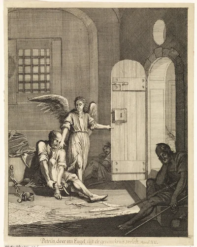 Petrus door een engel uit de gevangenis bevrijd by Caspar Luyken, print, 1708