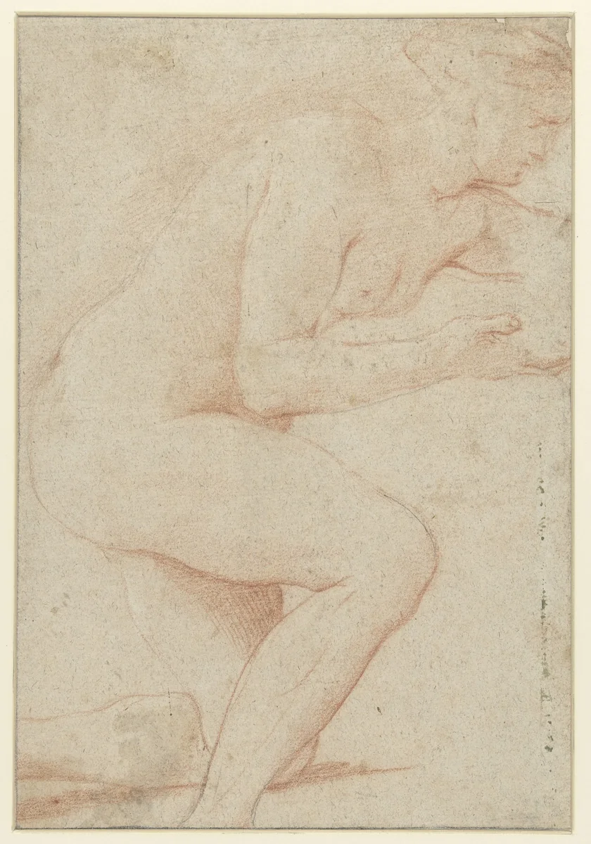 Studie van vrouwelijk naakt, steunend op de knie by Jean François Pierre Peyron, drawing, 1754-1814