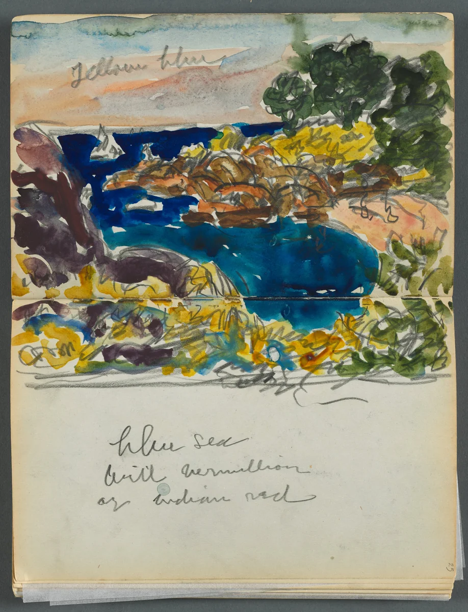 Sketchbook- The Granite Shore Hotel, Rockport, page 024 & 25: Harbor View with Color Notations by Maurice Prendergast, book, 1905-1910