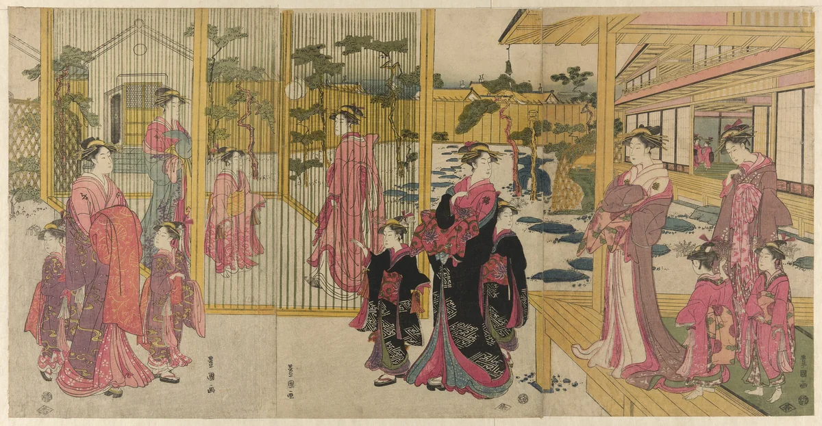 Courtesans of the Chojiya and their attendants playing kemari by Utagawa Toyokuni I (初代 歌川 豊国), print, 1786-1798