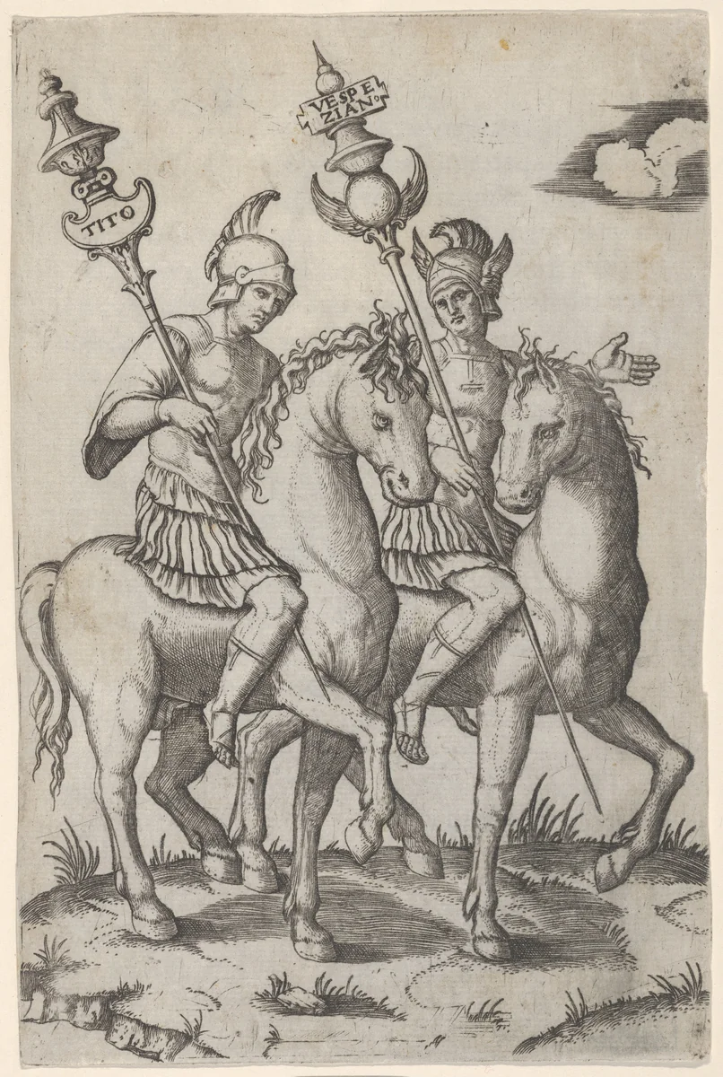 Titus and Vespanian both on horseback by Marcantonio Raimondi, print, 1505-1515