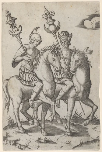 Titus and Vespanian both on horseback by Marcantonio Raimondi, print, 1505-1515