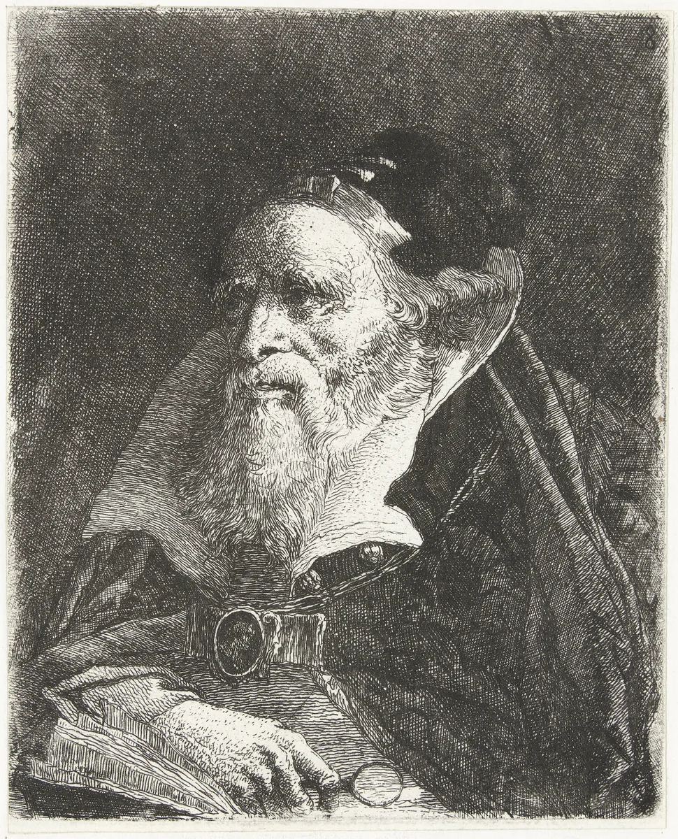 Oude man met boek en vergrootglas by Giovanni Domenico Tiepolo, print, 1757-1758