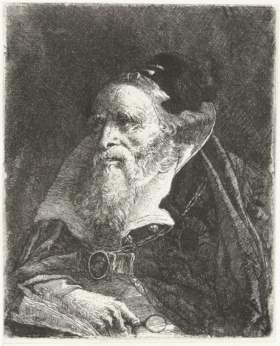 Oude man met boek en vergrootglas by Giovanni Domenico Tiepolo, print, 1757-1758