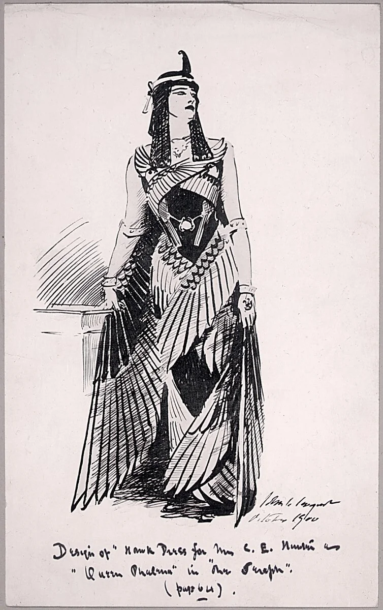 Design for Hawk Dress for Mrs. C.E. Hunter as Queen Phalema in "The Seraph" by John Singer Sargent, print, 1900