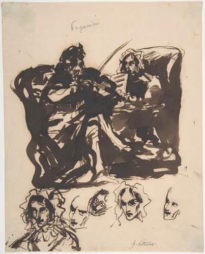 Paganini Playing and Studies of Heads by Henri-Louis-Hippolyte Poterlet, drawing, 1820-1835