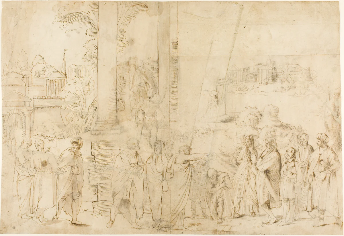 Saint Paul Baptizing Dionysus the Areopagite (recto); Sketches of Baby, Hands (verso) by Antonio Carracci, drawing, 1600-1799
