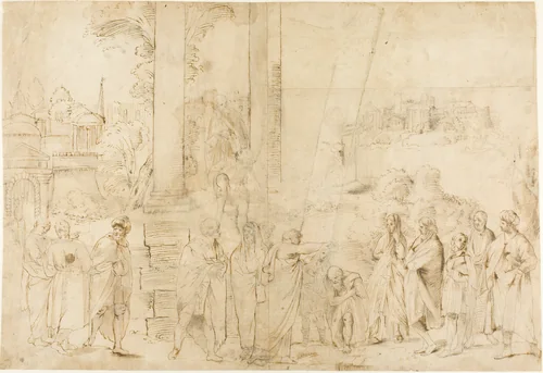 Saint Paul Baptizing Dionysus the Areopagite (recto); Sketches of Baby, Hands (verso) by Antonio Carracci, drawing, 1600-1799