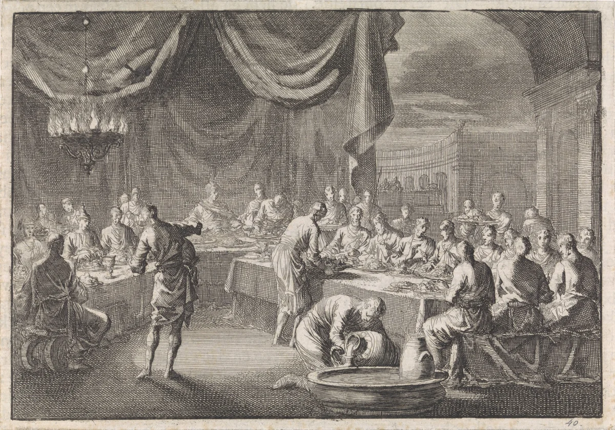 Jozef biedt zijn broers een feestmaal aan by Jan Luyken, print, 1704