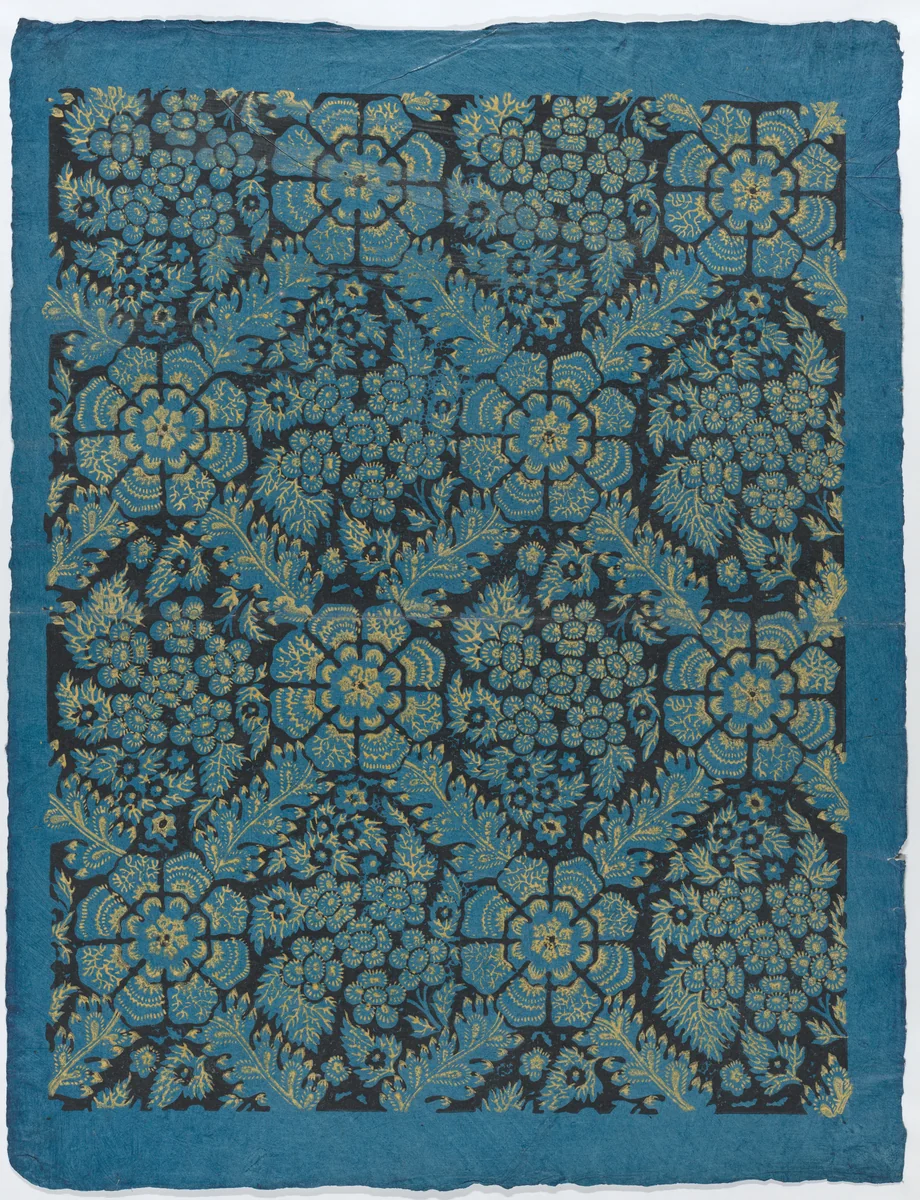 Sheet with overall floral pattern on blue background by anonymous, print, 1775-1875