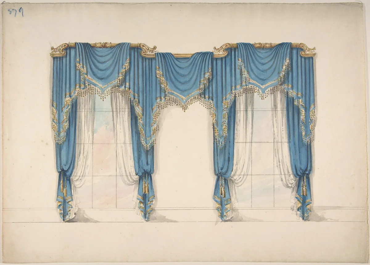 Design for Blue Curtains with Gold Fringes and Pediments by anonymous, drawing, 1800-1850