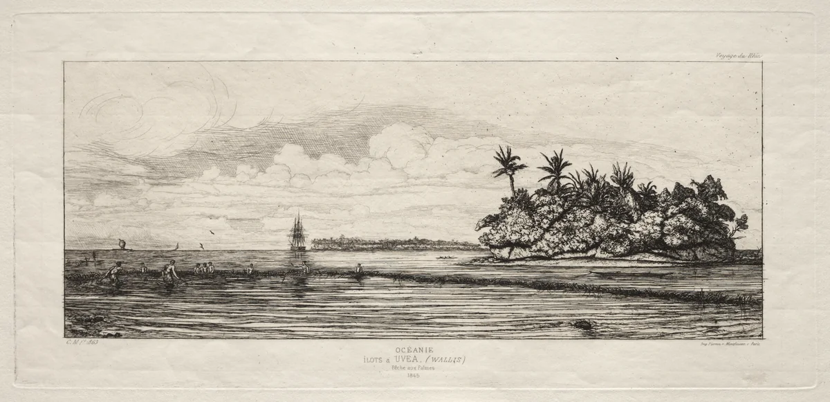 Oceania: Fishing near Islands with Palms in the Uea or Wallis Group, 1845 by Charles Meryon, print, 1863