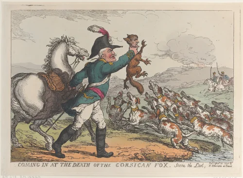 Coming in at the Death of the Corsican Fox, Scene the Last by Thomas Rowlandson, print, 1814