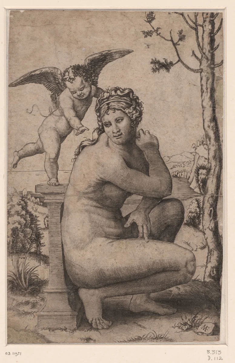Venus hurkend bij zuil waarop Amor staat by Unknown, print, 1510-1527