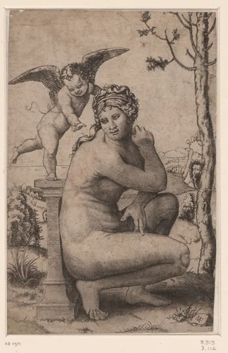 Venus hurkend bij zuil waarop Amor staat by Unknown, print, 1510-1527