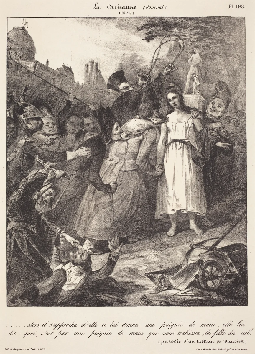 ...alors, il s'approcha d'elle: Parody of van Dyck's Betrayal of Christ by French 19th Century, print, 1800-1899