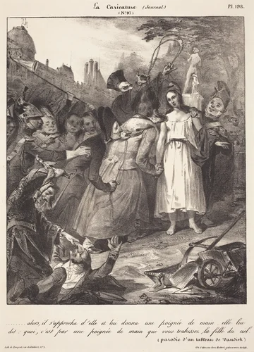 ...alors, il s'approcha d'elle: Parody of van Dyck's Betrayal of Christ by French 19th Century, print, 1800-1899