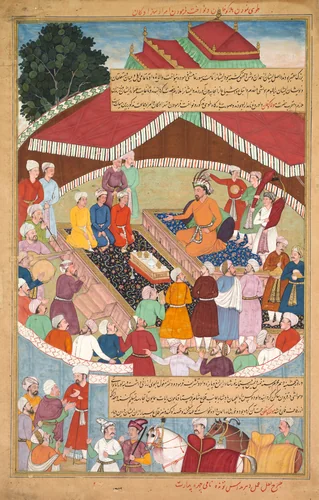 Hulagu Khan giving a feast and dispensing favor upon the amirs and princes, from a Chingiz-nama (Book of Chingiz Khan) of the Jami al-tavarikh (Compendium of Chronicles) by Lal, painting, 1591-1605