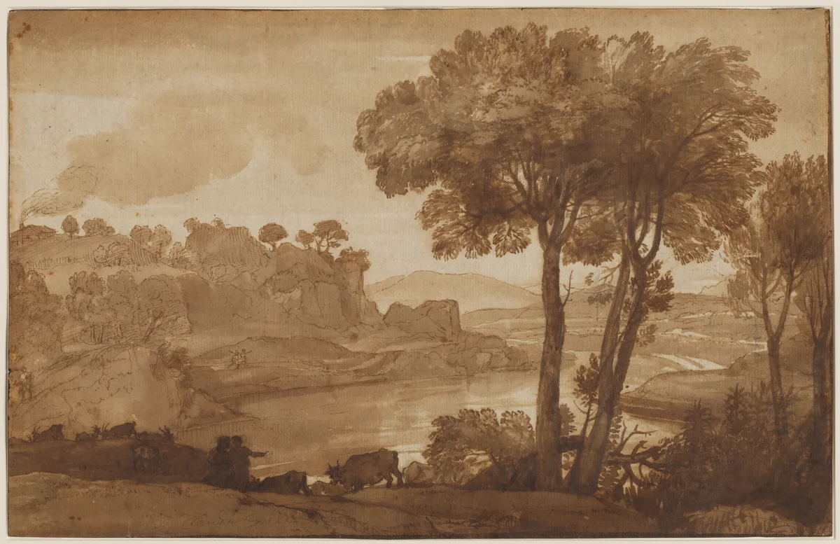View of the Acqua Acetosa (recto) by Claude Lorrain, drawing, 1640-1650