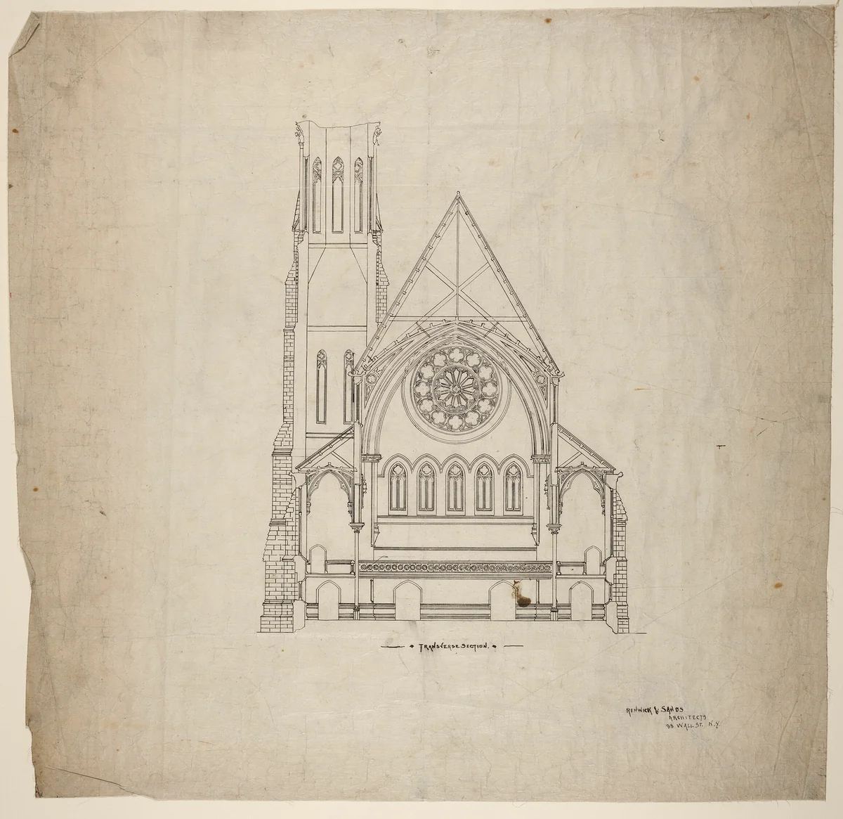 Second Presbyterian Church, Chicago, Illinois, Transverse Section by Renwick and Sands, drawing, 1874