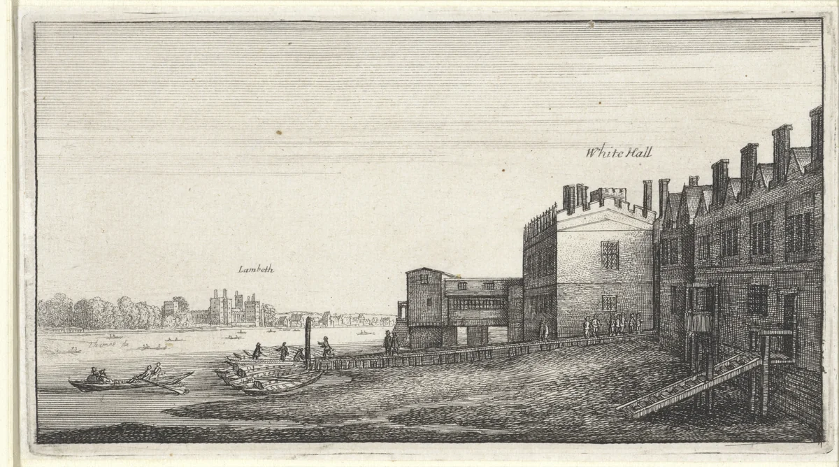 Gezicht op Lambeth gezien over de Theems vanuit Whitehall Stairs by Wenceslaus Hollar, print, 1643-1644