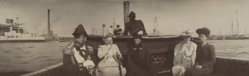 Emperor Nicholas II, Queen of Greece Olga Konstantinovna, Dowager Empress Marie Feodorovna, Empress Alexandra Feodorovna and Grand Duchess Olga Alexandrovna at the Launching of the "Slava" by Unidentified Photographer, photograph, 1903