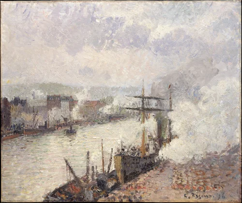 Steamboats in the Port of Rouen by Camille Pissarro, painting, 1896