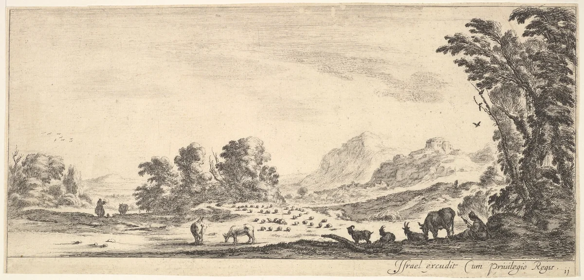 Plate 11: shepherdess seated to the right under a tree, watching her flock to the left, mountains to right in the background, from "Various Landscapes" (Divers Paysages) by Stefano della Bella, print, 1636-1646