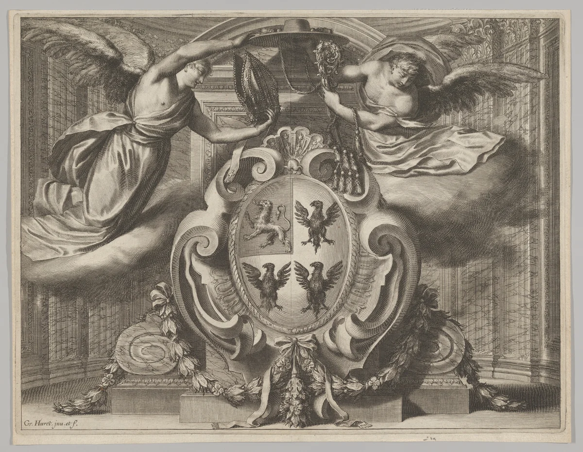 The coat of arms of Claude de Rueil (ca.1581-1649), Bishop of Bayonne, later Bishop of Angers by Jean Couvay, print, 1620-1650