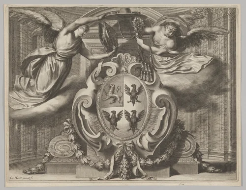The coat of arms of Claude de Rueil (ca.1581-1649), Bishop of Bayonne, later Bishop of Angers by Jean Couvay, print, 1620-1650