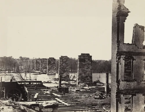 Ruins of Petersburg and Richmond railroad Bridge (across the James) by Alexander Gardner, photograph, 1864
