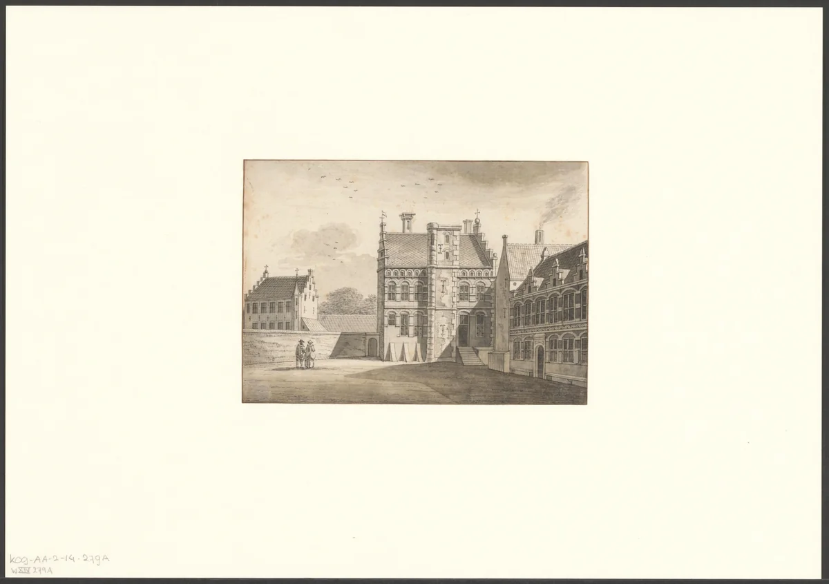 Gezicht op de achterzijde van de Voet- en Handboogdoelen by anonymous, drawing, 1700-1799