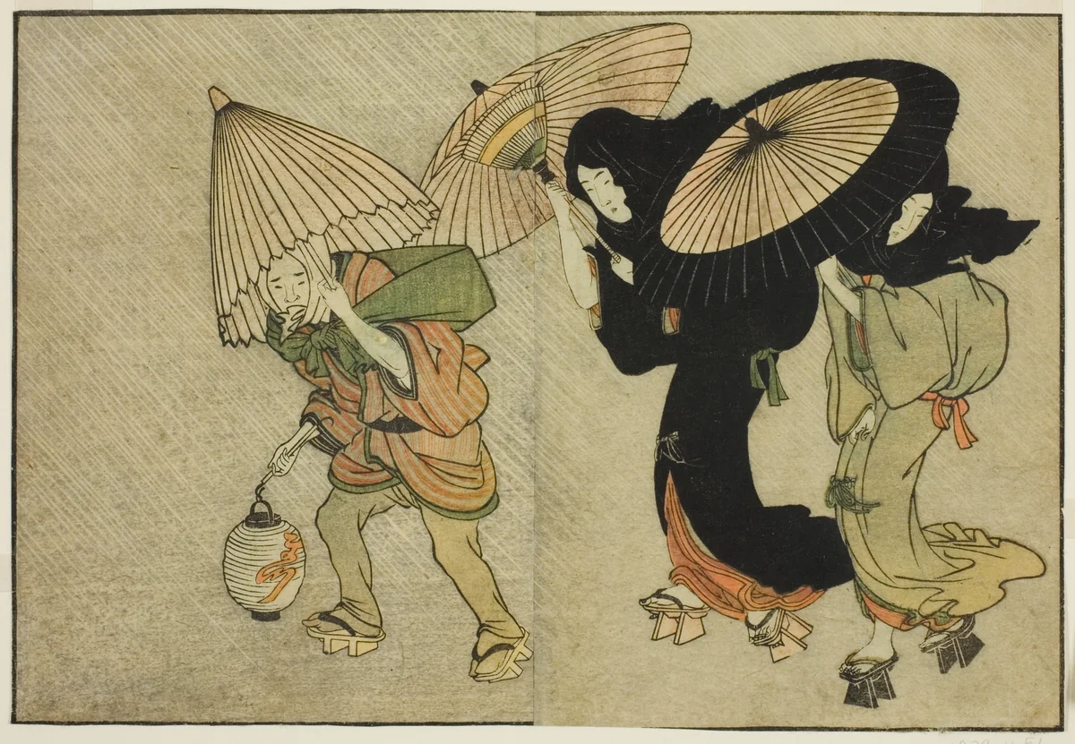 Two Women and Attendant Caught in a Storm, from the illustrated book "Picture Book: Flowers of the Four Seasons (Ehon shiki no hana)," vol. 2 by Kitagawa Utamaro (喜多川歌麿), print, 1801