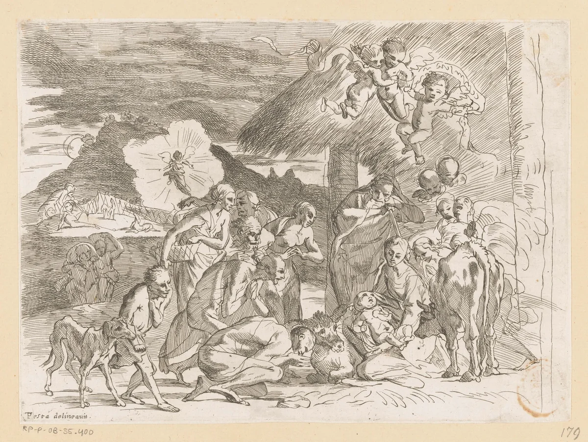 Aanbidding door de herders by anonymous, print, 1650-1750