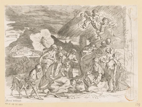 Aanbidding door de herders by anonymous, print, 1650-1750